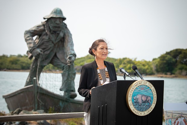 U.S. Secretary of the Interior Deb Haaland spoke to members of the community and the media during a press conference about offshore wind power and renewable energy at the Woodley Island Marina on Tuesday. - MARK MCKENNA