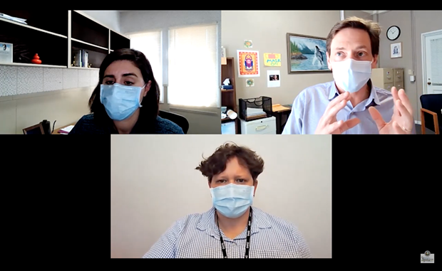 Clockwise from top left: Public Health Director Sofia Pereira, Health Officer Ian Hoffman and Joint Information Center spokesperson Meriah Miracle during yesterday's press conference. - SCREENSHOT