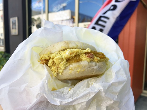 The breakfast sandwich at the Grind makes the case for morning plantains. - PHOTO BY JENNIFER FUMIKO CAHILL