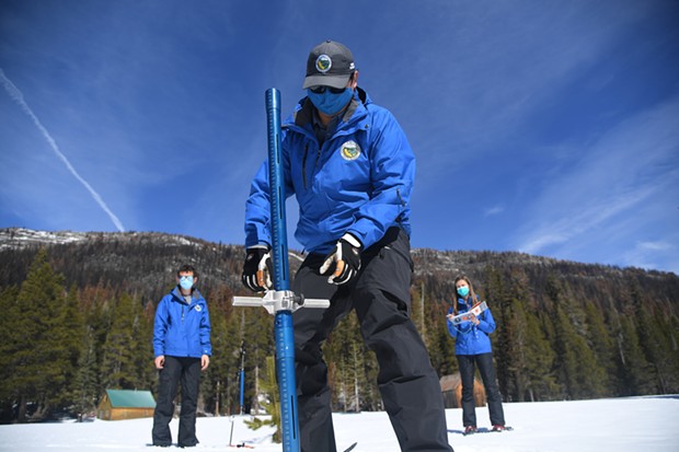 Scene at the March 1, 2022 snow survey at Phillips Station. - CALIFORNIA DEPARTMENT OF WATER RESOURCES