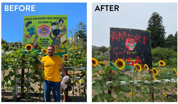 Before and after pictures of Centro del Pueblo's Jardin Santuario's welcome sign after it was vandalized July 20. - COOPERATION HUMBOLDT