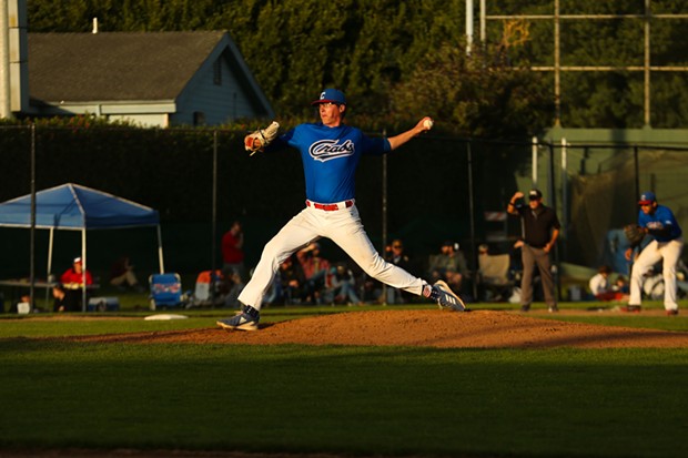Crabs pitcher Nick Perryman throws a pitch against the Fairfield Indians on the way to a combined no-hitter on July 23. - THOMAS LAL