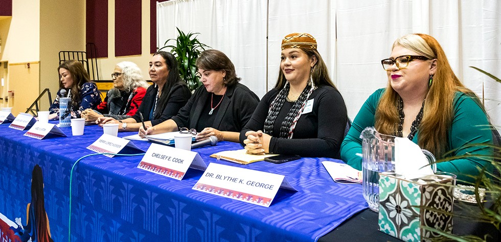 From left: Moderator Jessica Carter and panelists Abby Abinanti, Keely Linton, Merri Lopez-Keifer, Chelsey Cook and Blythe George discuss MMIP and needed systems change during the Yurok Tribe's MMIP symposium Oct. 4. - PHOTO BY MARK LARSON