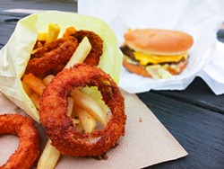 Frings and a burger from No Brand Burger Stand. - HOLLY HARVEY