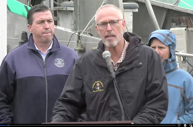 Congressman Jared Huffman speaks during a news conference on the impending salmon season closure. - SCREENSHOT