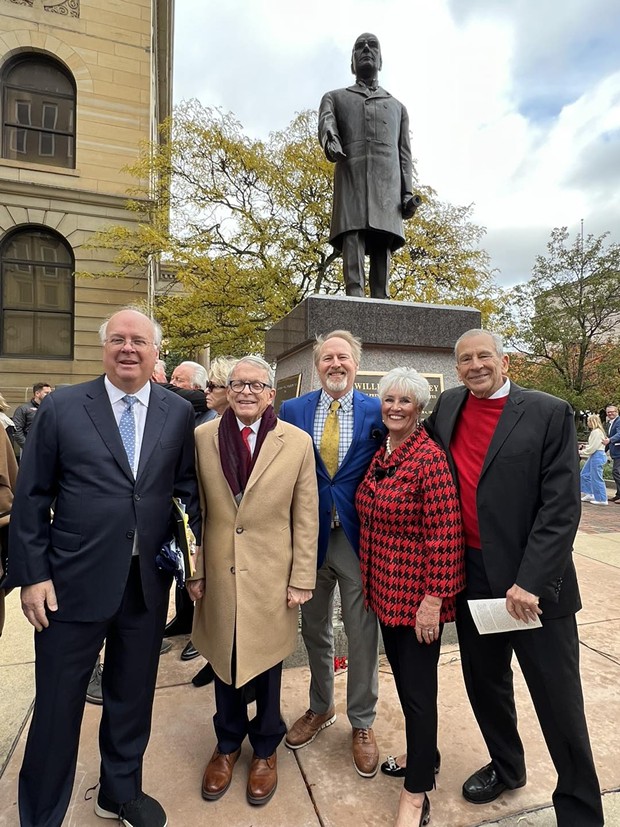 Karl Rove, far left, stands next to Gov. Mike DeWine and other officials during the unveiling of the President William McKinley statue in Canton, Ohio, Oct. 21. - FACEBOOK/MIKE DEWINE