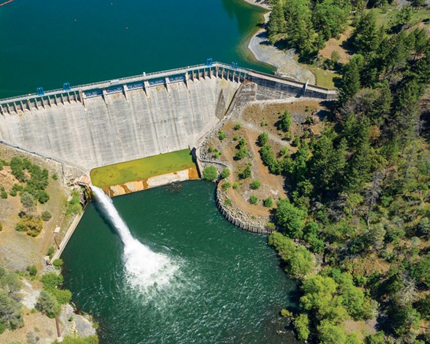 An aerial view of Scott Dam on the Eel River, which PG&amp;E has applied to remove. - PHOTO BY KYLE SCHWARTZ/COURTESY OF CALTROUT