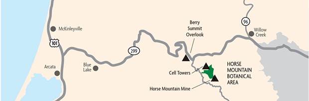 Sitting about 23 miles east of Blue Lake on State Route 299, Horse Mountain is popular among outdoor enthusiasts of all kinds, including bird watchers, mountain climbers, hikers, snowboarders and skiers, as well as target shooters. - MAP BY HOLLY HARVEY