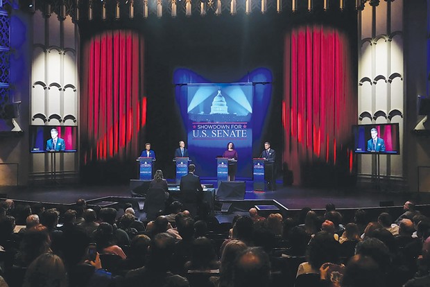 U.S. Senate candidates, from left, Rep. Barbara Lee, Rep. Adam Schiff, Rep. Katie Porter and Republican Steve Garvey stand on stage during a televised debate in Los Angeles on Jan. 22, 2024. - PHOTO BY DAMIAN DOVARGANES, AP PHOTO