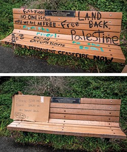 Before and after photos of the Pearl and Samuel Oliner memorial bench, which was vandalized during the pro-Palestine demonstrations on April 22, then cleaned up with a pleading note asking protesters not to deface the bench and to look up the couple that co-founded the Altruistic Behavior Institute and dedicated much of their lives to researching understanding and forgiveness, love and compassion, moral exemplars and heroism. - PHOTOS BY MARK LARSON