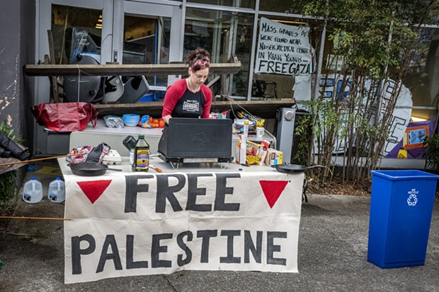 The Gaza demonstration at Cal Poly Humboldt and the blockade in front of the main entrance to Siemens Hall on April 23. - MARK LARSON