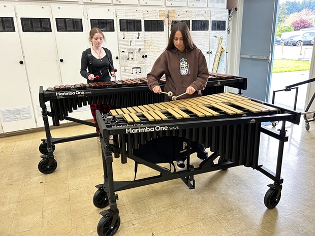 Fortuna High School students play a five-octave marimba and a vibraphone from Marimba One. - SUBMITTED
