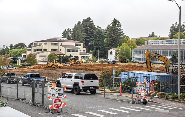 While the Cal Poly Humboldt campus is abuzz with new construction projects like this one, nearby structures, like the Forestry Building across the street, remain inaccessible. - PHOTO BY THADEUS GREENSON