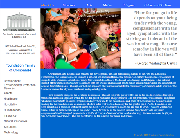 A screen shot of Southern Foundation for the Advancement of Arts and Educations' webpage.