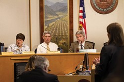 Eureka City Councilmember Marian Brady, Mayor Frank Jager and Board of Supervisors Chair Mark Lovelace (from left) listen to a presentation on Focus Strategies’ plan to address homelessness during a joint meeting last month. - SUBMITTED PHOTO