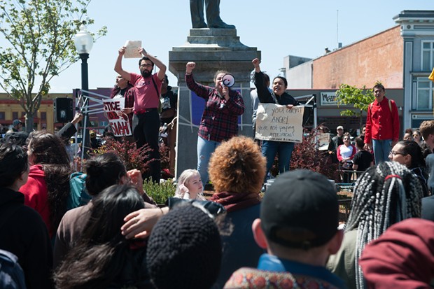 For the second consecutive day, protesters descended on the Arcata Plaza on Saturday to demand justice in the killing of David Josiah Lawson. - MARK MCKENNA