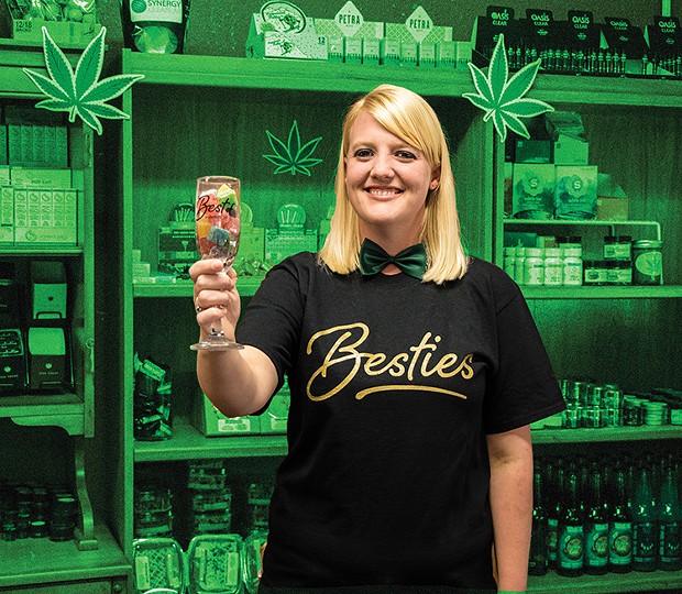 Humboldt's Best Budtender Savannah Snow toasting with Synergy Gummies, winner of Best Local Cannabis Product. - PHOTO BY JILLIAN BUTOLPH