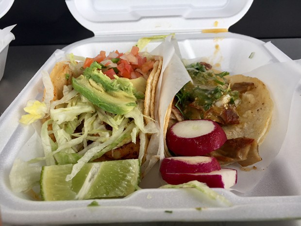 Left to right: The shrimp and buche tacos from Tacos El Gallo. - JENNIFER FUMIKO CAHILL