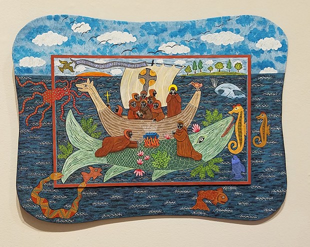 Lida Penkova's "Landing on Jasconius," 2013-19. Hand-painted linocut on plywood.