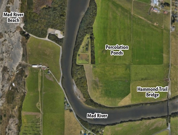 A Google Maps aerial image of the Mad River and the McKinleyville Community Services District's current percolation ponds.