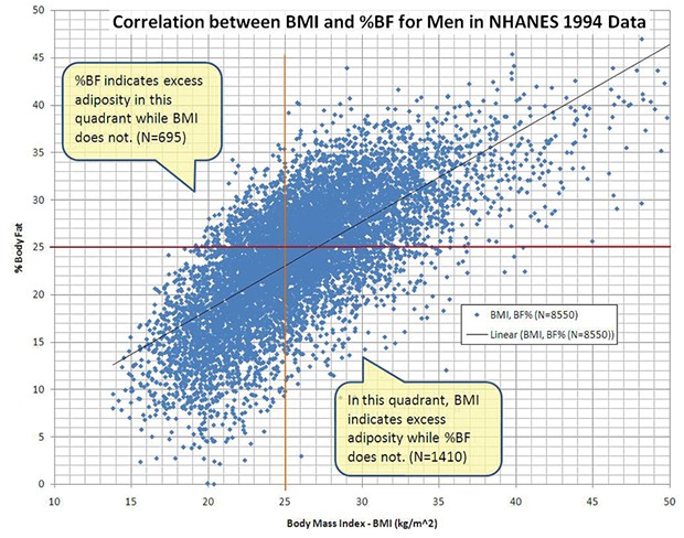 Comparing body mass index (BMI) and percent body fat ("%BF") in a 1994 study of 8,550 men. See the upper left and lower right quadrants for the limitations of BMI in assessing body fat.