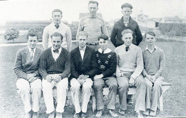 A photo of Leo Gallagher (seated second from right) as an officer of the Boys' League in the 1928 Fortuna Union High School&nbsp;Megaphone&nbsp;yearbook.