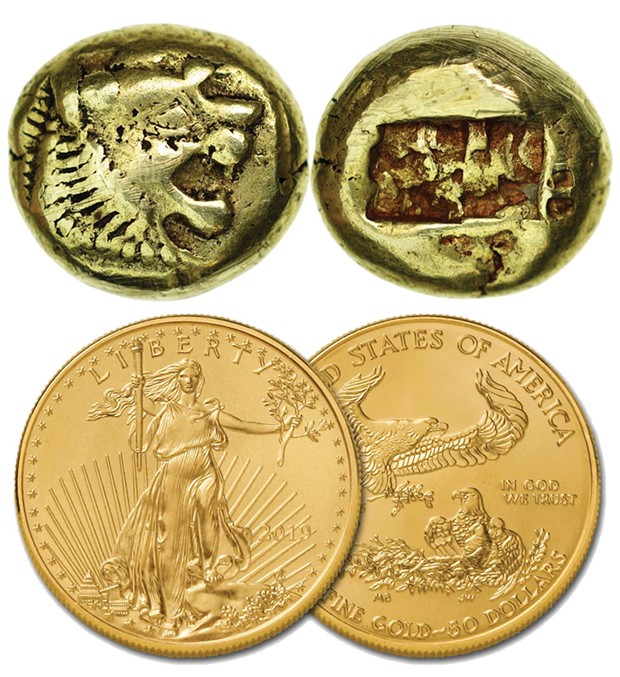 Top: Lydian one-third stater, circa 620 B.C., worth around $3,000 as a collector's item today. Bottom: 2019 U.S. 1-ounce $50 Gold Eagle, worth about $2,000.