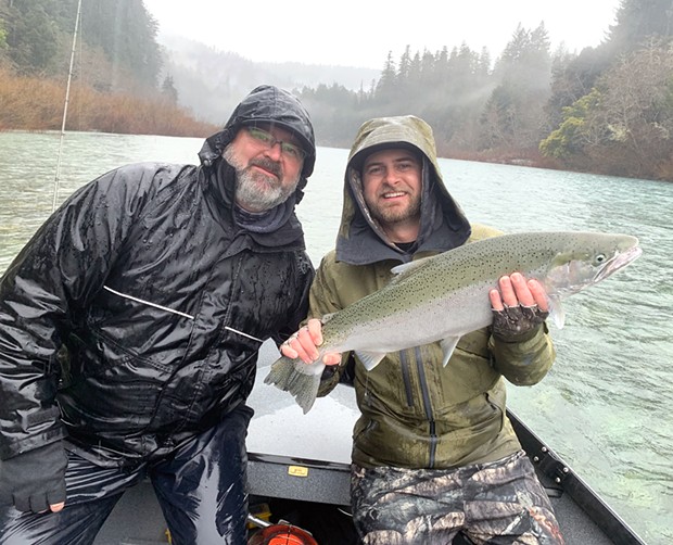 Tom Chapman, of Fortuna, left, and son Michael, from San Diego, enjoyed a rainy day on the Smith River last week and landed a nice winter steelhead.