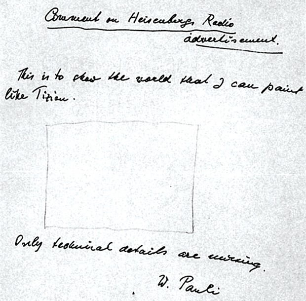 Wolfgang Pauli's 1958 "empty rectangle" message to physicist Robert Oppenheimer: "This is to show the world that I can paint like Titian. Only technical details are missing."