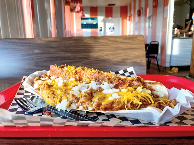 The footlong chili cheese dog with onions at Bob's Footlong in Fortuna, founded in 1949.
