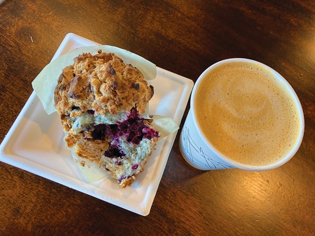A blackberry streusel muffin and a honey-oat milk latte from Harbour Coffee and Wine in Myrtletown.