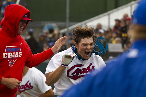 Crabs Catcher Tyler Davis celebrates with teammates after hitting a home run in the second inning during the Humboldt Crabs season opening game against the Humboldt Eagles on June 3, 2022 on the way to a 13-0 victory.