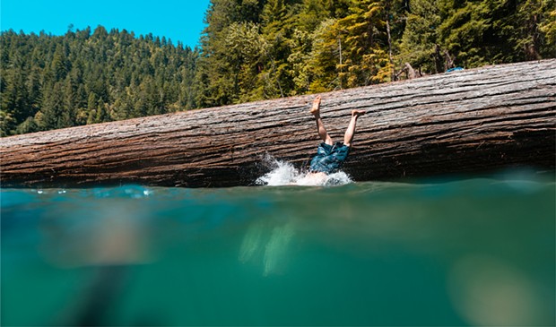 A leap from a fallen redwood on the Eel River at Rockefeller Loop