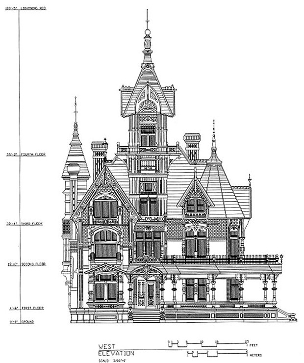 The 1885 front elevation by architects Samuel and Joseph Cather Newsom of San Francisco. It's close to &mdash; but not exactly &mdash; what you'll see today at the north end of Second Street.