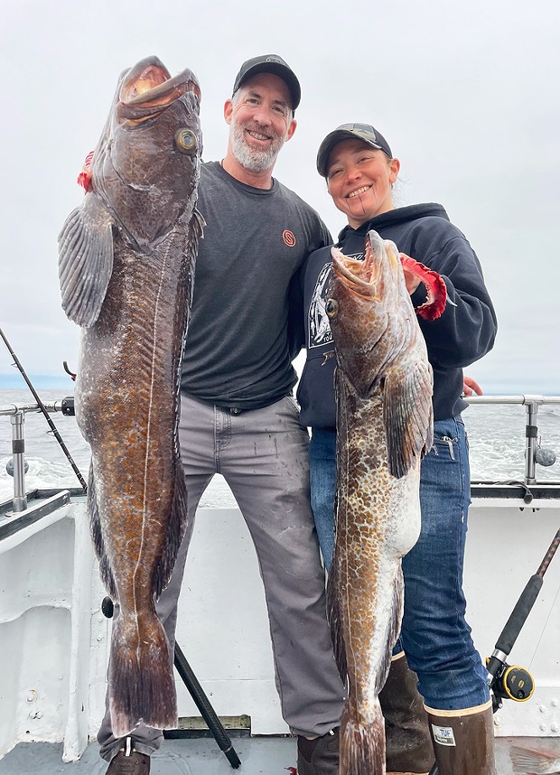 Arcata residents Darren Cartledge and Darla Lewis hold a pair of trophy lings landed aboard the Shellback on a bottom fish run out of Trinidad.