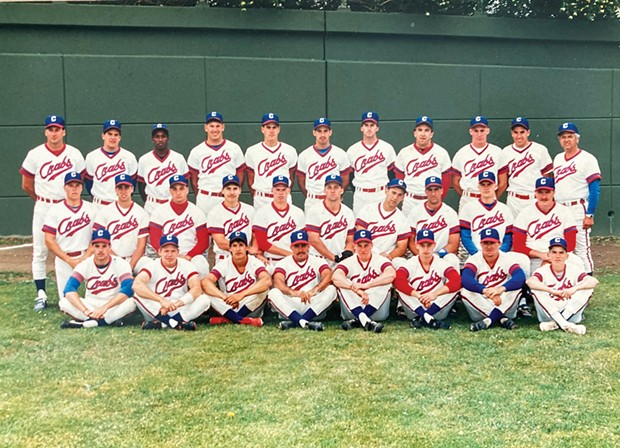 The 1990 Humboldt Crabs team photo, with the author sitting the front row, third from the right.