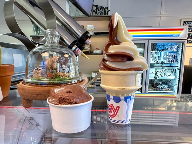 A small chocolate scoop and a soft serve twist at Jersey Scoops.