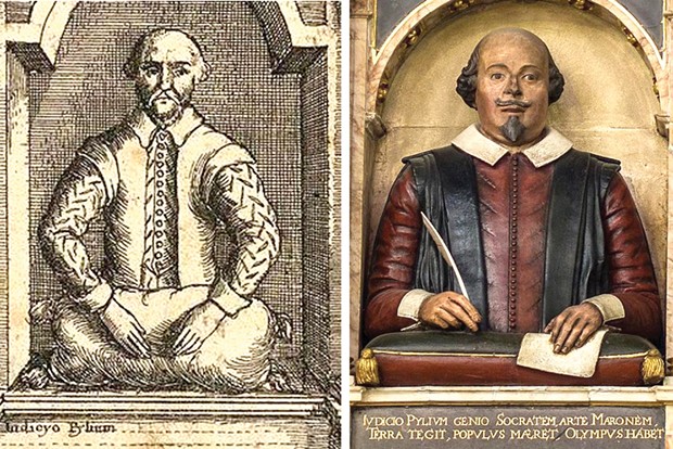 Before and after images of the Shakespeare funerary monument in Holy Trinity Church, Stratford-upon-Avon, which originally showed him with a sack of wool on his lap. After "restoration" in 1748, he was given a pen and the sack reduced to a writing surface. No mention is made of him as a great writer in the ambiguous text below.