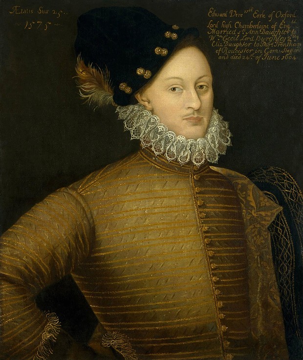 Edward de Vere in 1575, age about 25, in a 17th century painting by unknown artist based on a lost original work.