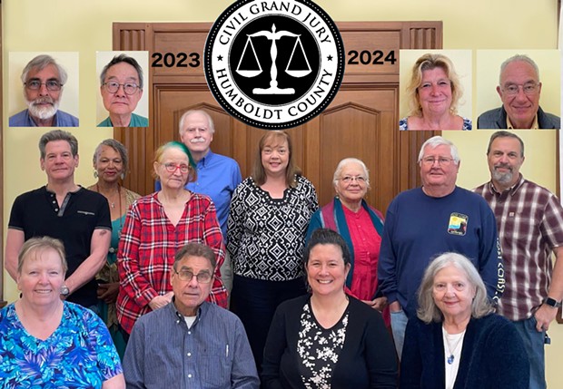 2023-2024 Humboldt County Civil Grand Jury. Top left: Stephen Avis, Daryl Chinn  Top right, Larry Giventer, Candy Bryant (Foreperson pro tem). Back row, L to R: David Howard, Lettie Dyer, Alicia Garcia, Dennis Reid, Marlena Maloney, Leslie Zondervan-Droz, Patrick Healy, Richard Bergstresser (Foreperson). Front row, L to R: Deborah Bushnell, Michael Davis, Laura Lee-Chin and Connie DeCoe-Munier.