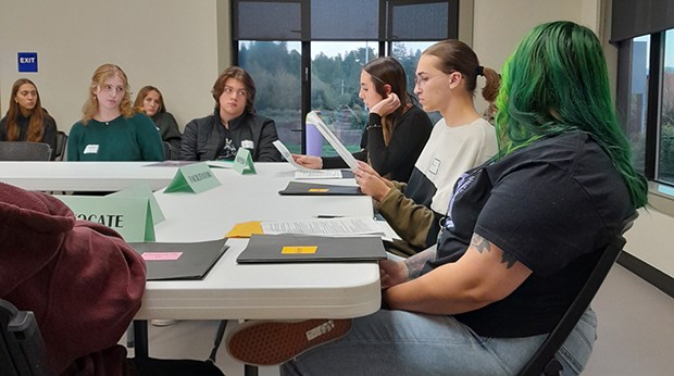 Volunteers with the Fortuna Teen Court participate in a mock hearing exercise.