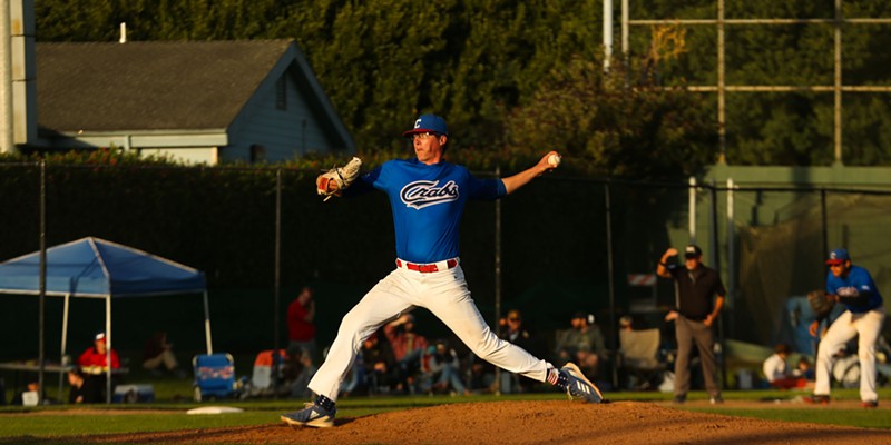 Crabs pitcher Nick Perryman throws a pitch against the Fairfield Indians on the way to a combined no-hitter on July 23.