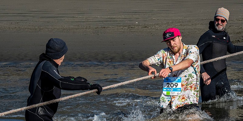 Clam Beach Run 2024 Austin Nolan, of McKinleyville, arrived second at the Little River water crossing but finished the race as the overall winner of Trinidad to Clam Beach Run- Honoring Ford Hess in a time of 33:32. Photo by Mark Larson