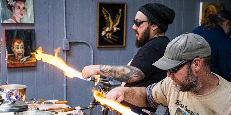 Marble Weekend featured live “torch working” and marble-making by local glass artists including Marcose Walton (left), of Eureka, and Matt Kelley, of Willow Creek, on Saturday at the Glass Garage.