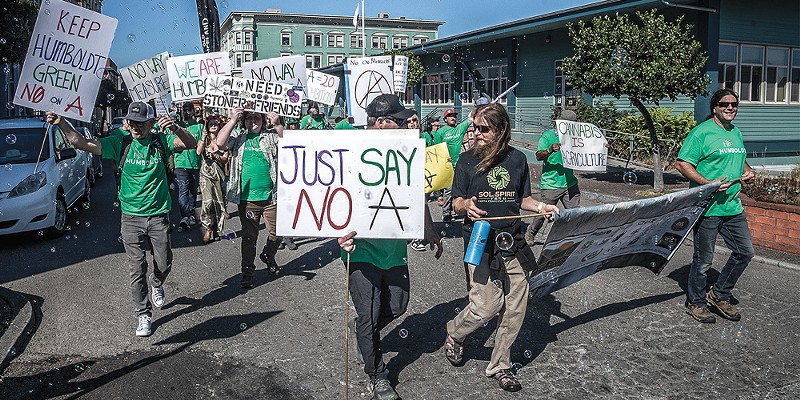 Opponents of Measure A march through Eureka during Cannifest in September.