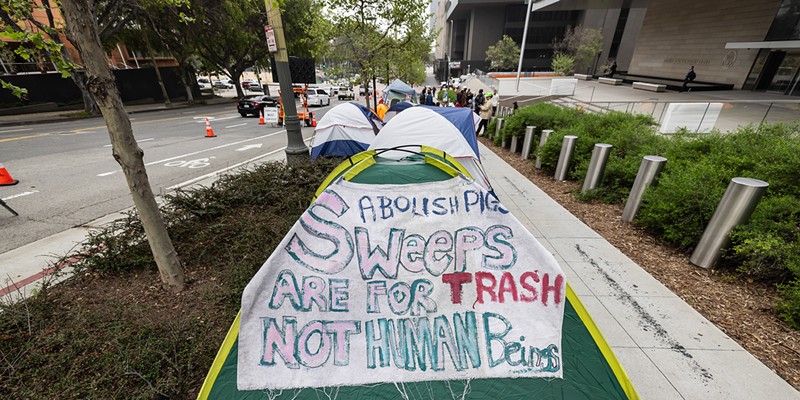 Tents outside the First Street U.S. Courthouse in Los Angeles, where homeless advocates and supporters rallied as the U.S. Supreme Court in Washington, D.C., heard oral arguments in the Grants Pass case, on April 22, 2024.