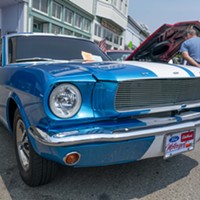 Josua DeGraw's 1966 Class 2B blue Mustang glistens in the sun on Main Street on July 28 at the Fortuna Redwood AutoXpo.