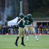 Wide receiver Chase Krivashei and tailback Ja'Quan Gardner celebrate a touchdown in 2015.