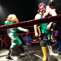 The Stoner Brothers, a popular duo at Hoodslam in Oakland, wrestling Bat Manuel and El Chupacabra. By Ossanha - Own work, CC BY-SA 4.0, Link