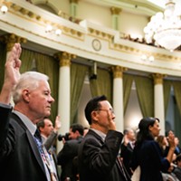 Republican Assemblymember Randy Voepel takes the oath of office into the California Assembly, December 3, 2018 at the State Capitol in Sacramento, California.